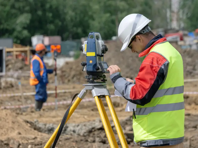 Geodeta z teodolitem na pustej działce budowlanej w słoneczny dzień