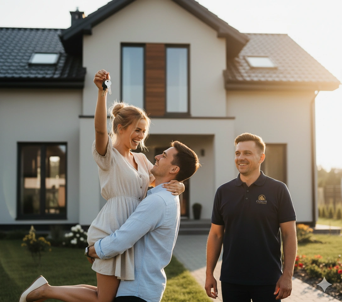 Szczęśliwa para otrzymująca klucze do swojego nowego domu od przedstawiciela firmy
