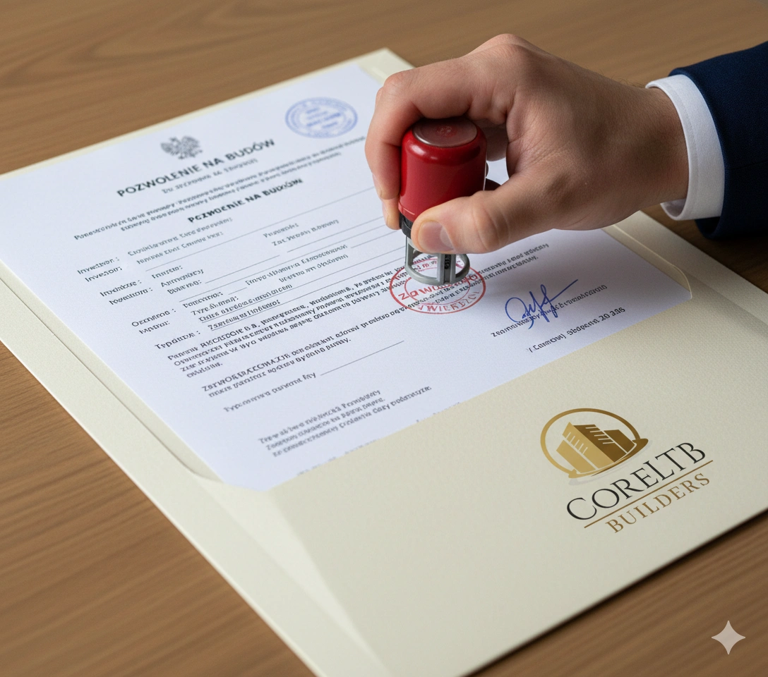 Oficjalny dokument z pieczęcią zatwierdzającą pozwolenie na budowę