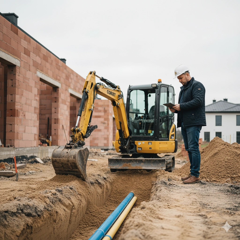 Pracownik budowlany łączący rury na placu budowy