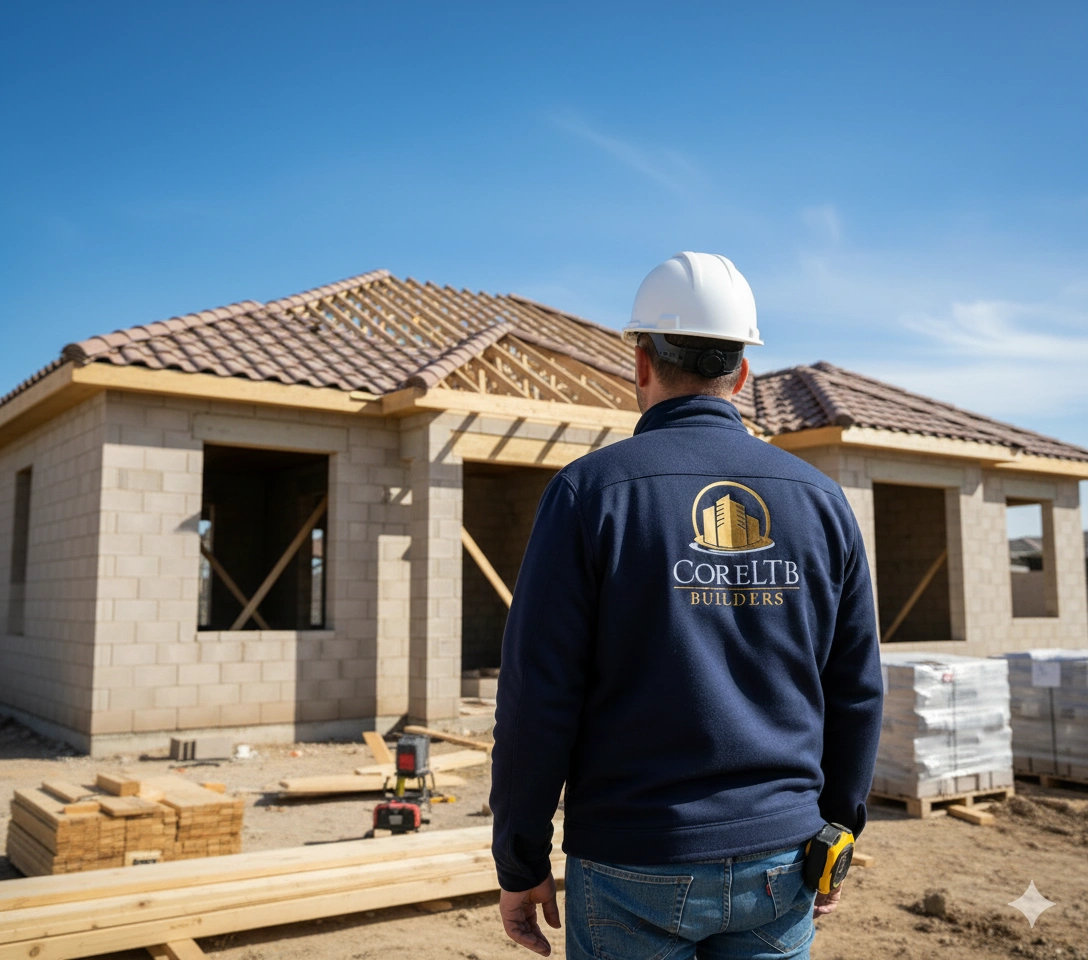 Plac budowy z domem w stanie surowym otwartym na tle błękitnego nieba