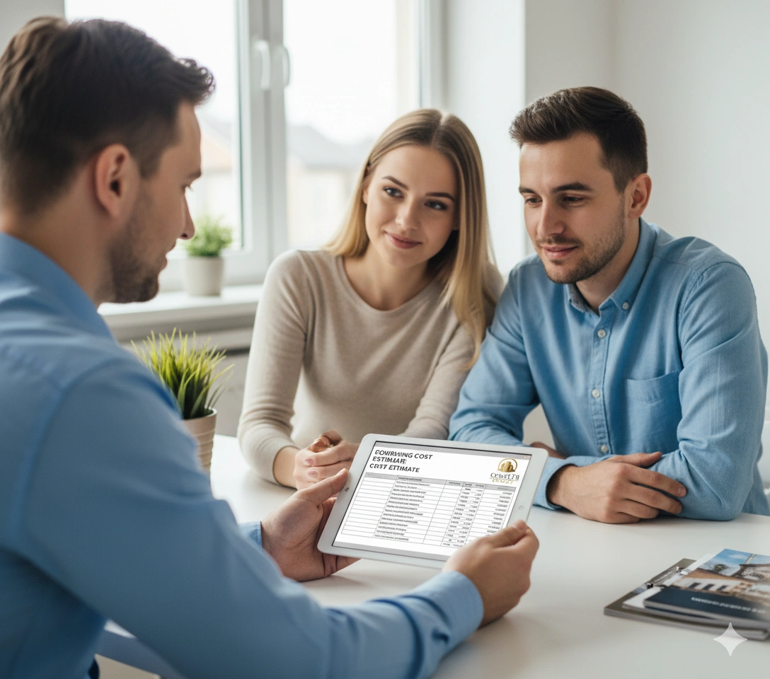 Para omawiająca finansowanie budowy z doradcą finansowym w biurze