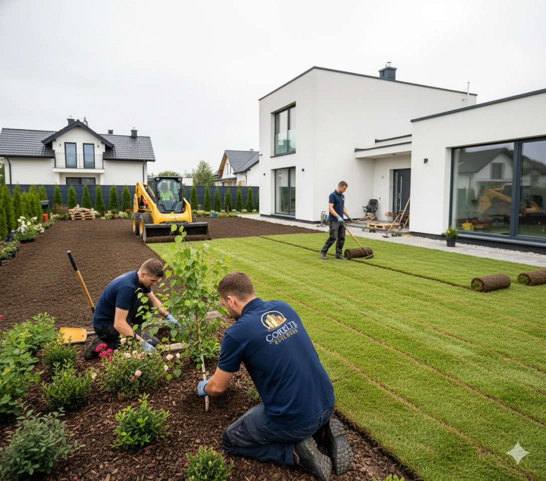 Nowoczesny taras z meblami ogrodowymi za świeżo wybudowanym domem