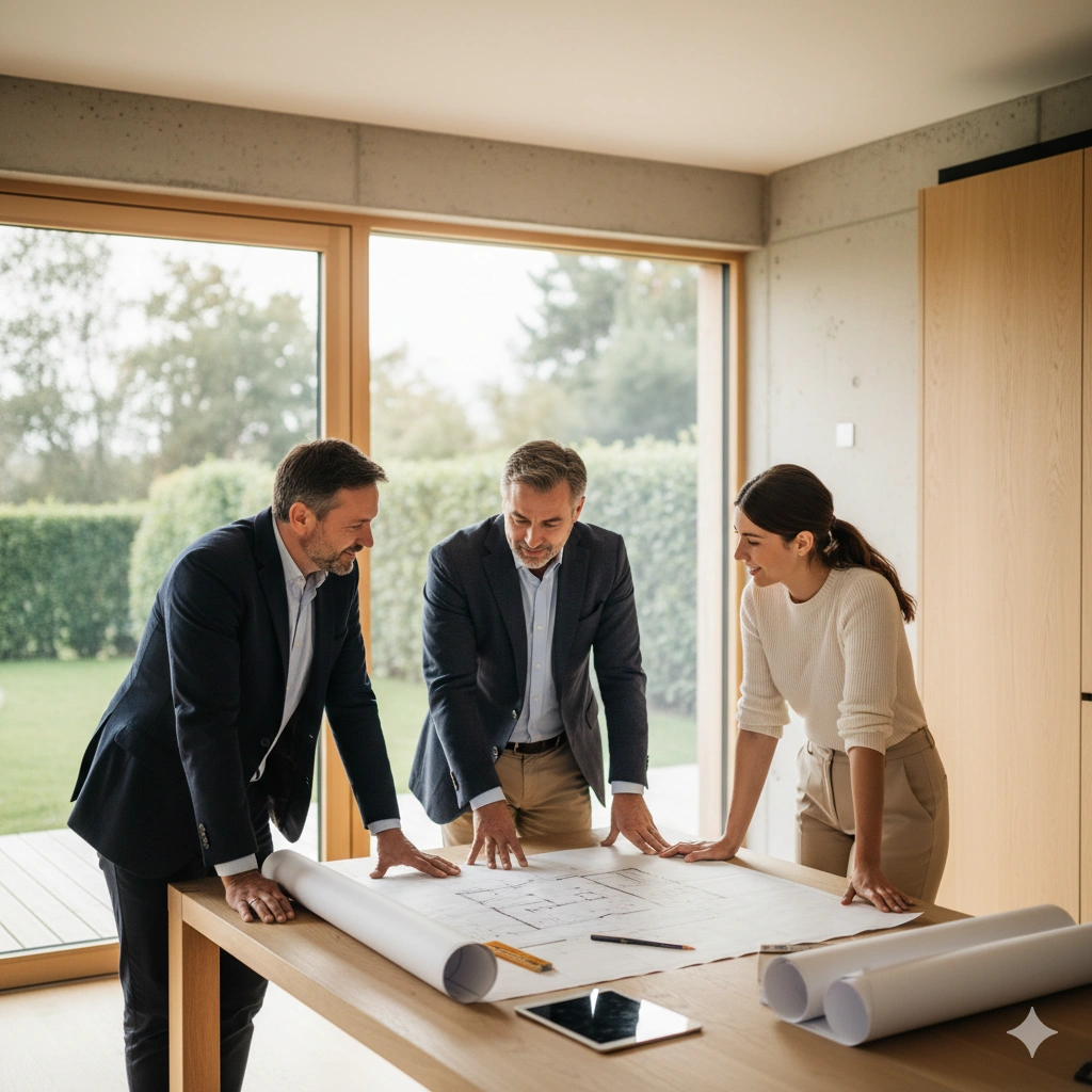 Doświadczony kierownik budowy z CoreLTB Builders na placu budowy, w kasku z logo, analizujący plany.