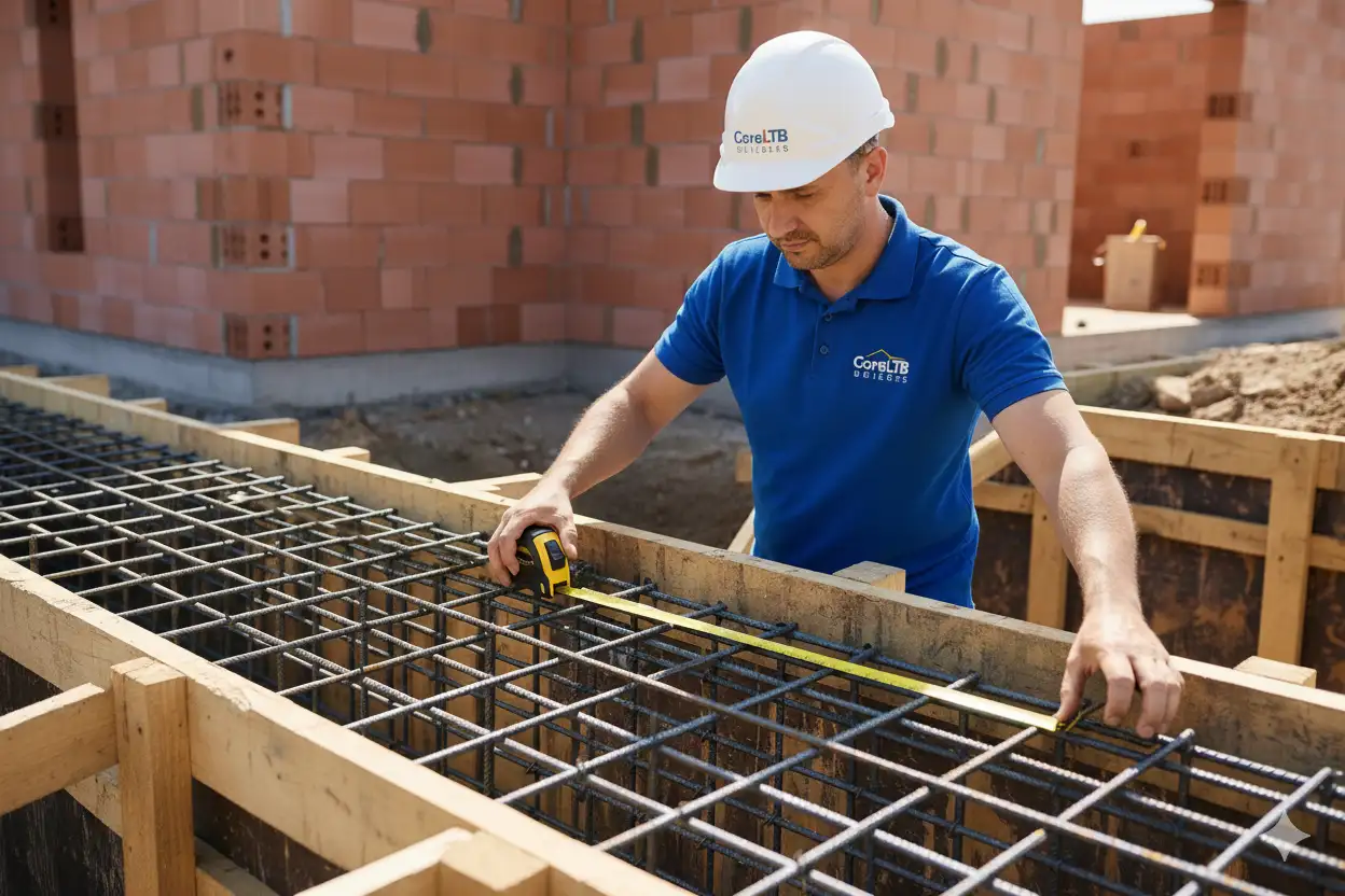 Inspektor Nadzoru CoreLTB Builders kontroluje zbrojenie fundamentów na budowie