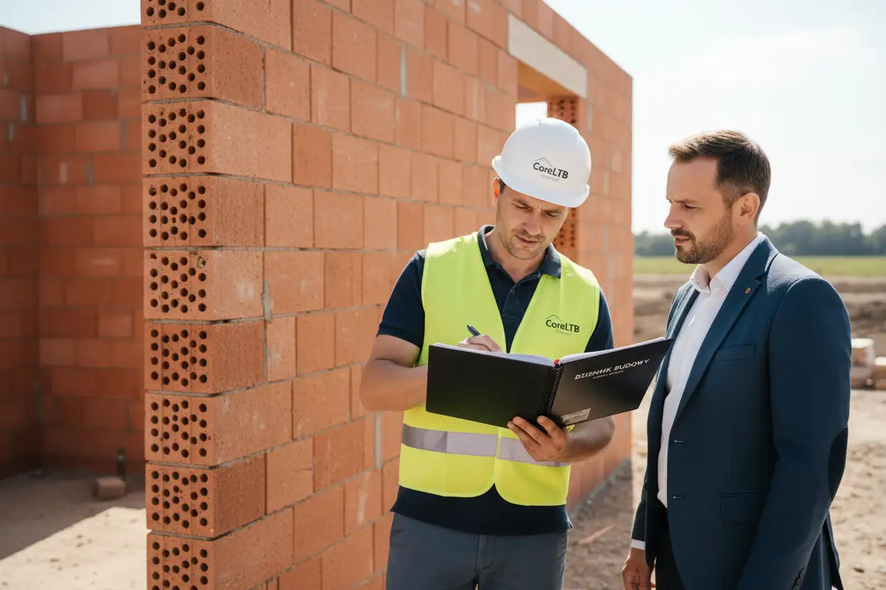 Kierownik Budowy CoreLTB Builders omawia postępy prac z inwestorem na budowie