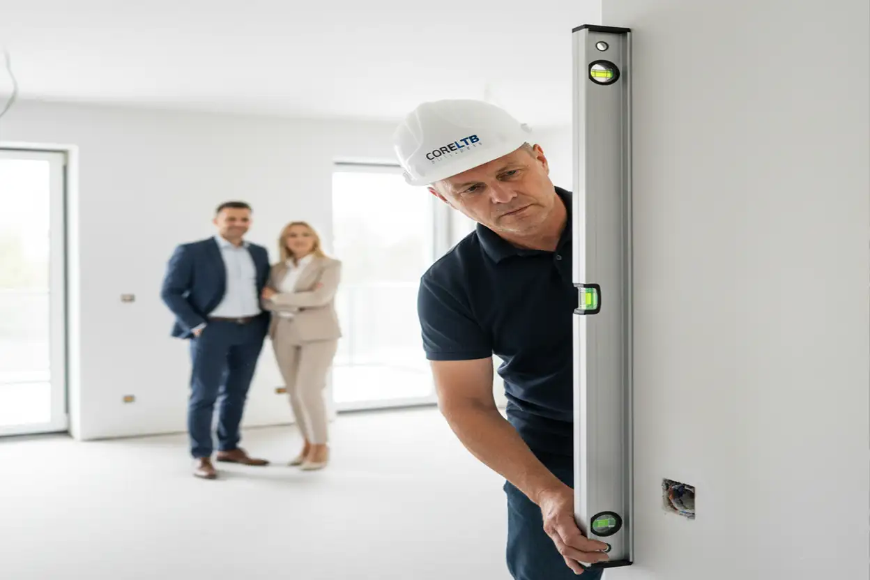 Inspektor CoreLTB Builders sprawdza piony ścian podczas odbioru technicznego domu z Porothermu