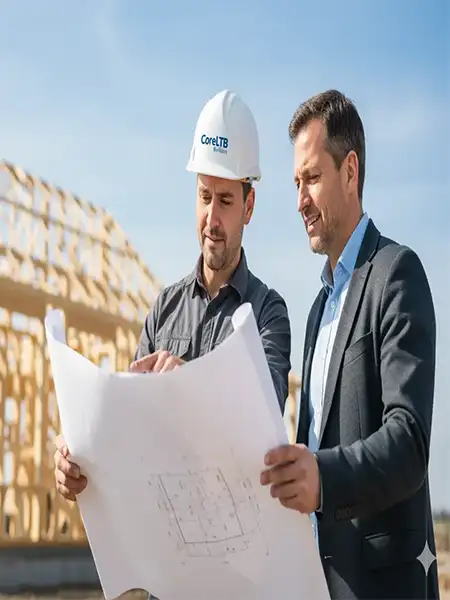 Inspektor nadzoru CoreLTB Builders omawia plan z inwestorem na placu budowy