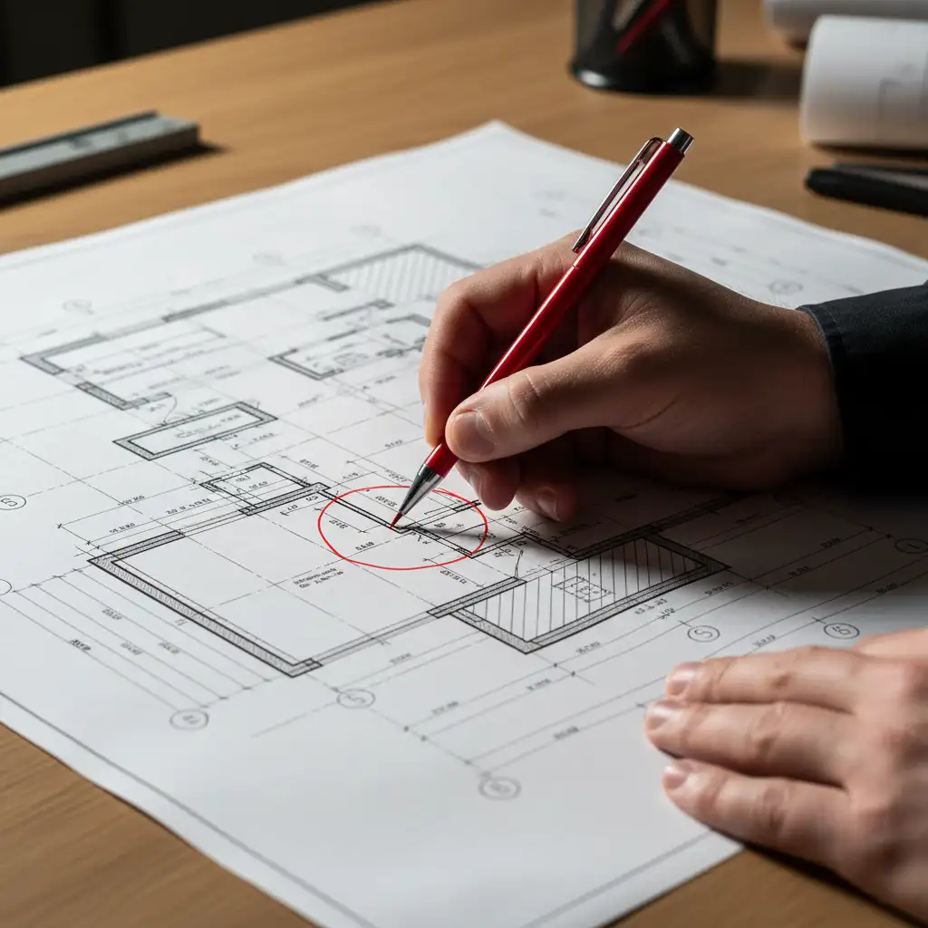 Ręka architekta zakreślająca błąd na planie technicznym