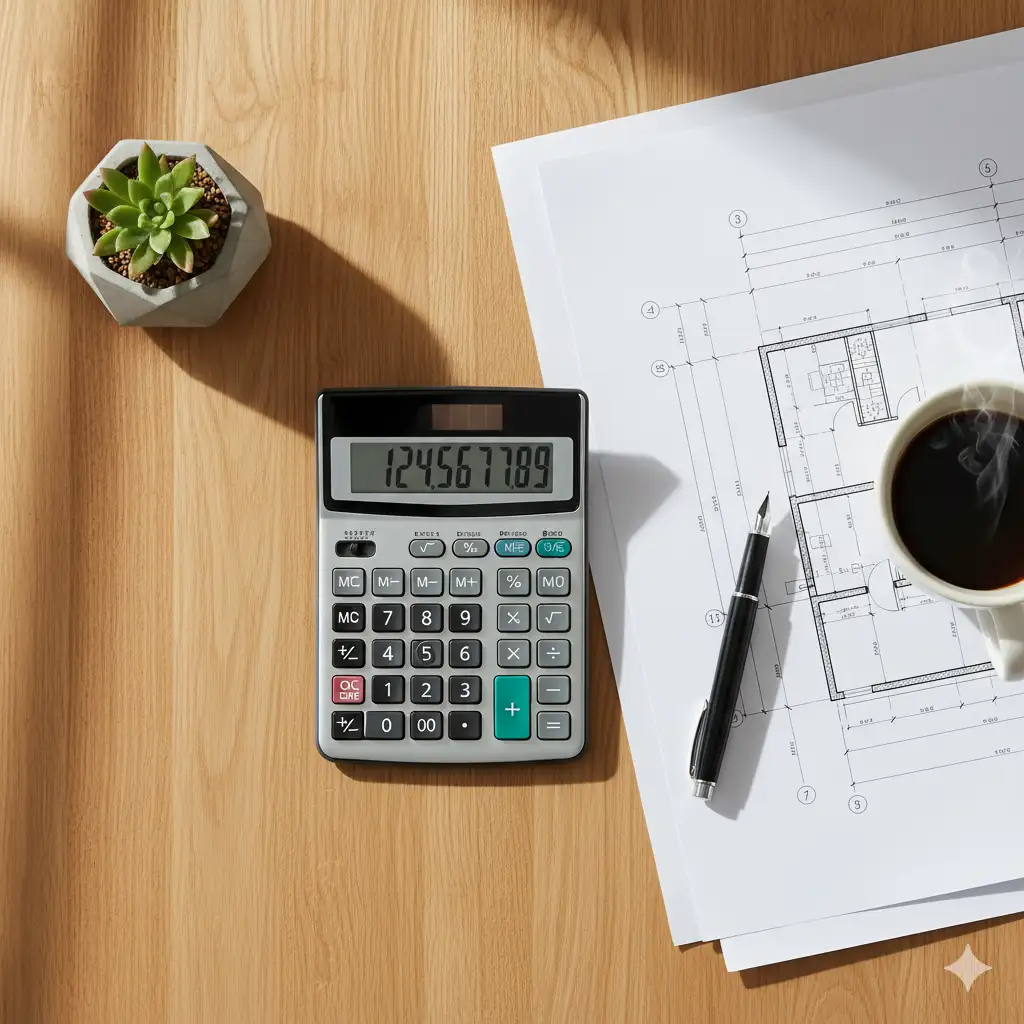 Zbliżenie na kalkulator i plany, symbolizujące planowanie budżetu projektu