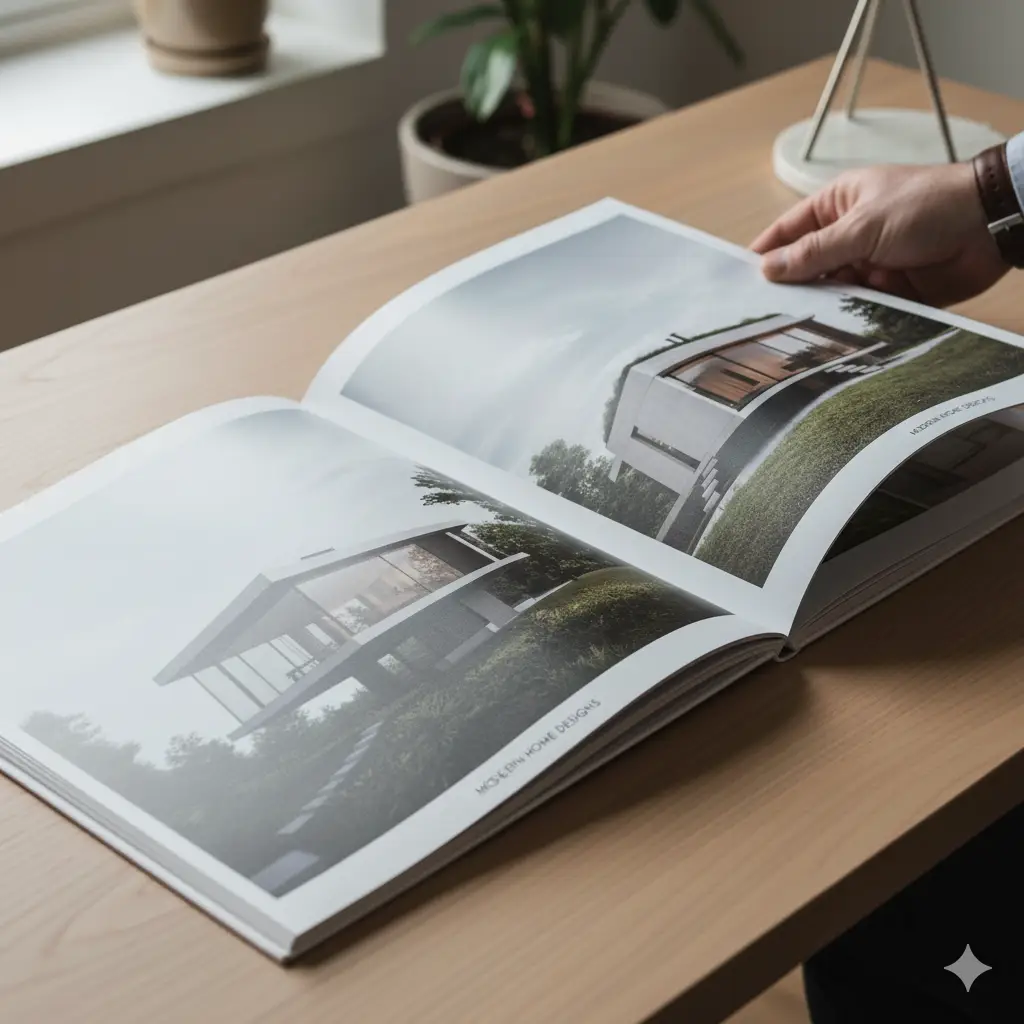 Mężczyzna przeglądający katalog z gotowymi projektami domów