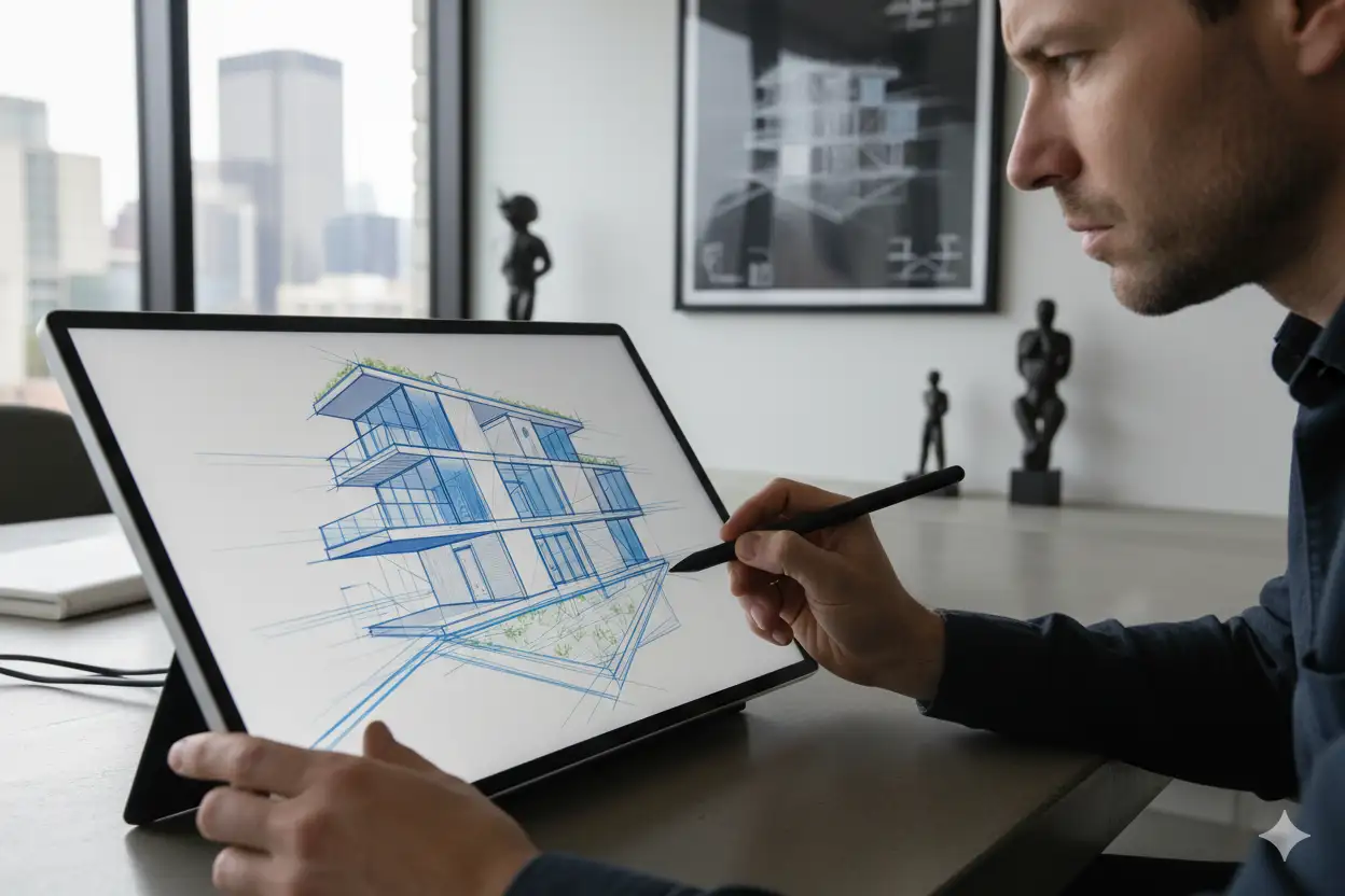 Architekt szkicujący unikalny projekt domu na tablecie graficznym