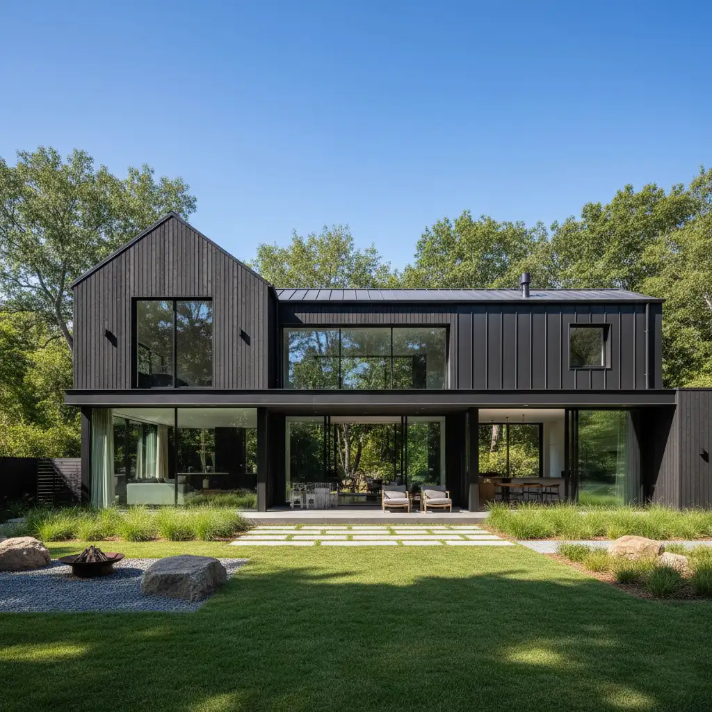 Nowoczesny dom w stylu stodoły z dużymi przeszkleniami, otwarty na ogród