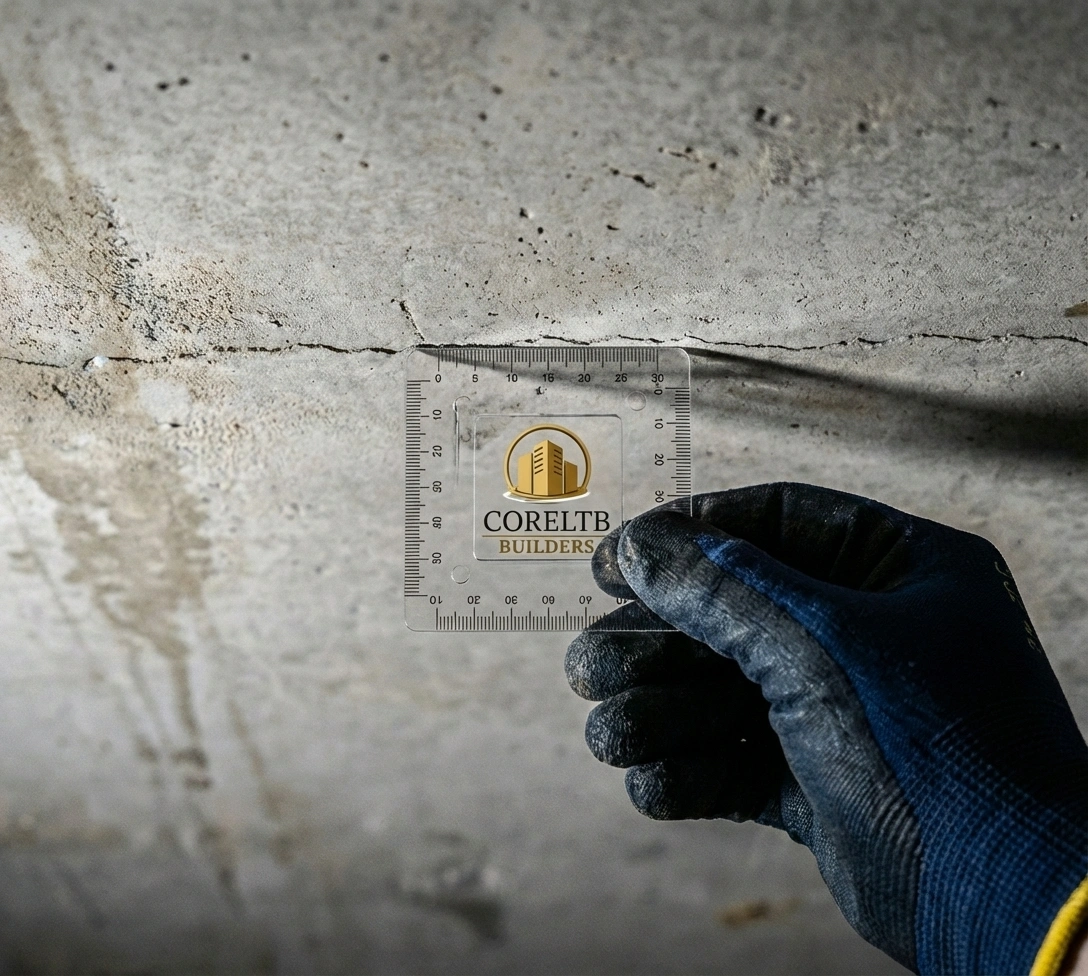 Ekspert budowlany CoreLTB Builders badający pęknięcie na ścianie w istniejącym budynku