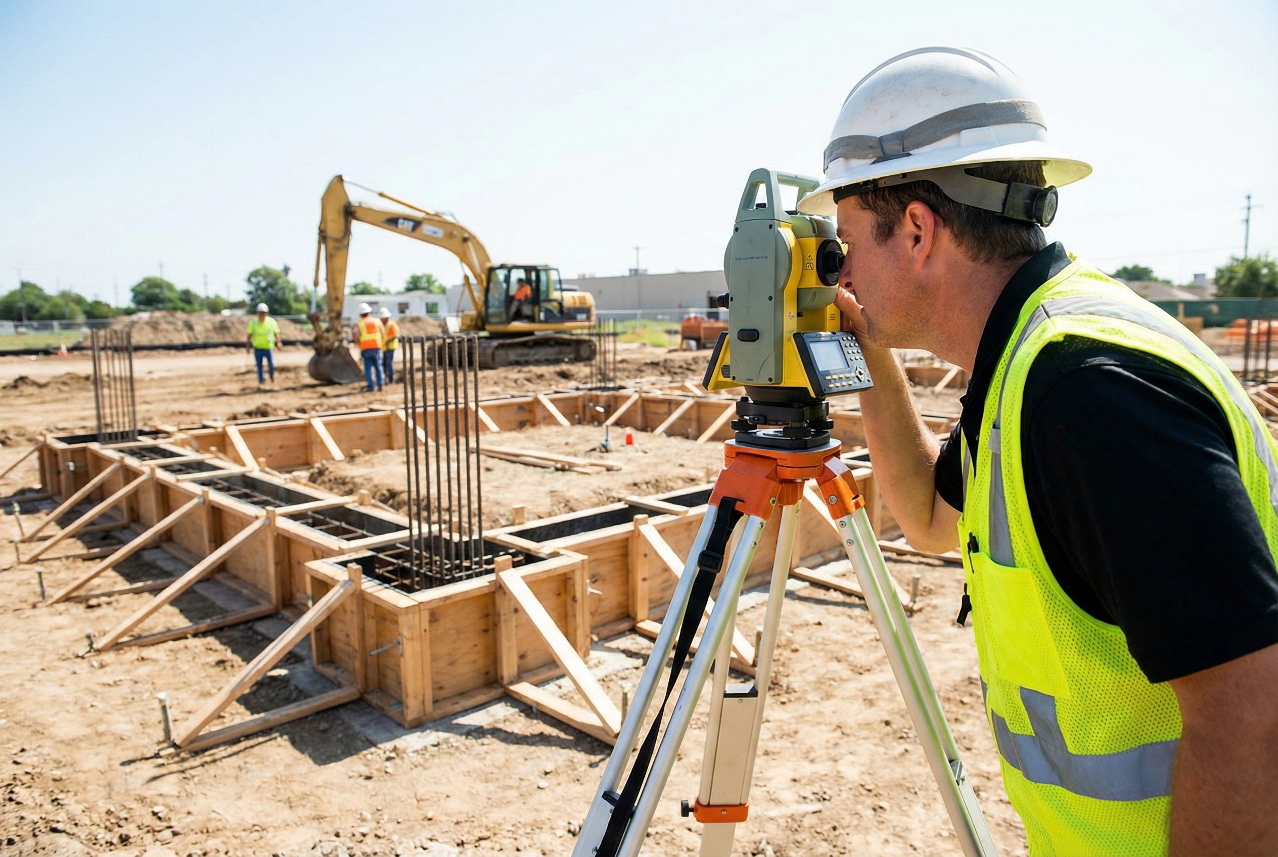 Geodeta wykonujący precyzyjne pomiary na działce budowlanej przy użyciu tachimetru