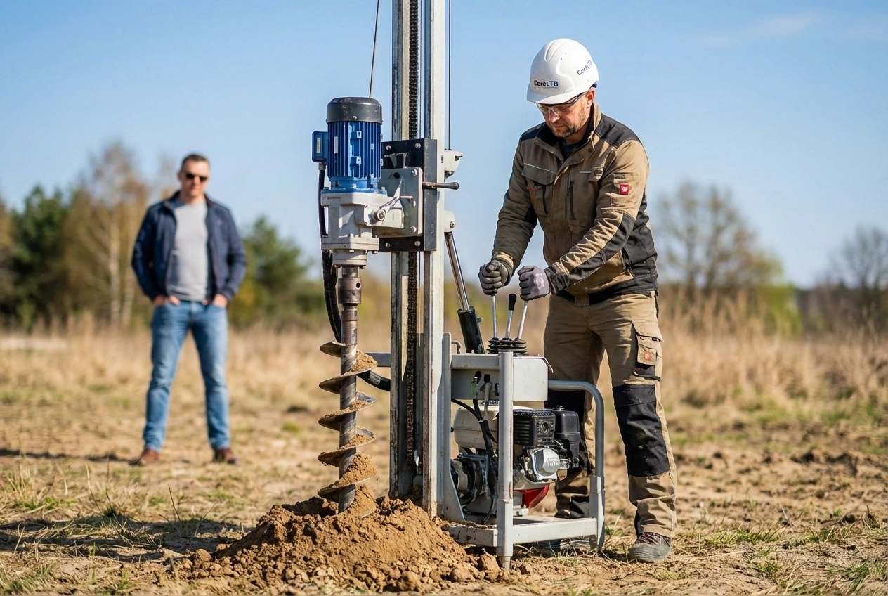 Geolog badający próbkę gruntu pobraną z odwiertu na działce budowlanej