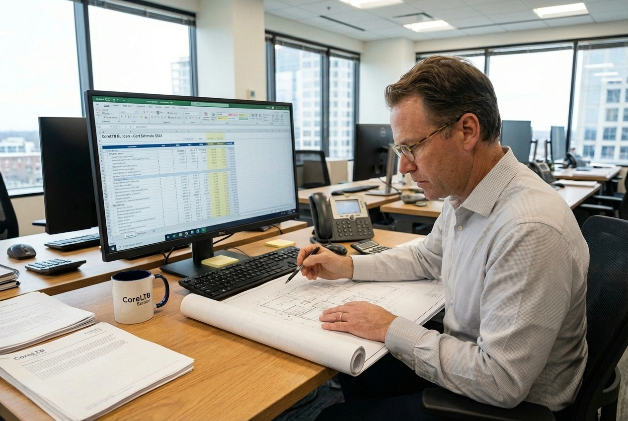 Kosztorysant CoreLTB Builders analizujący kosztorys budowlany na komputerze w biurze