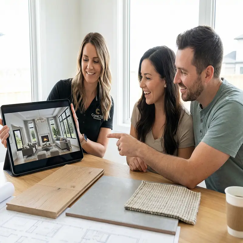 Projektantka wnętrz CoreLTB prezentuje klientom wizualizację 3D salonu na tablecie