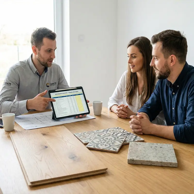 Projektant CoreLTB Builders omawiający szczegółowy kosztorys wykończenia z klientami