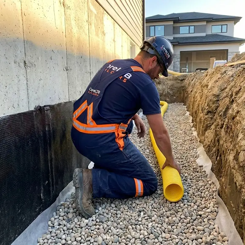 Pracownik CoreLTB Builders układa rurę drenażową w wykopie wokół fundamentów