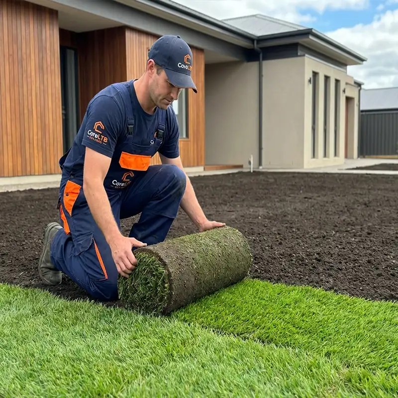 Pracownik CoreLTB Builders układa trawę z rolki na przygotowanym terenie