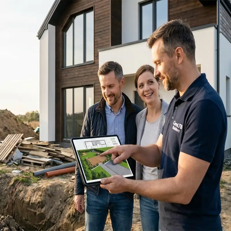 Ekspert CoreLTB Builders omawia z klientami plan zagospodarowania ich działki na tablecie