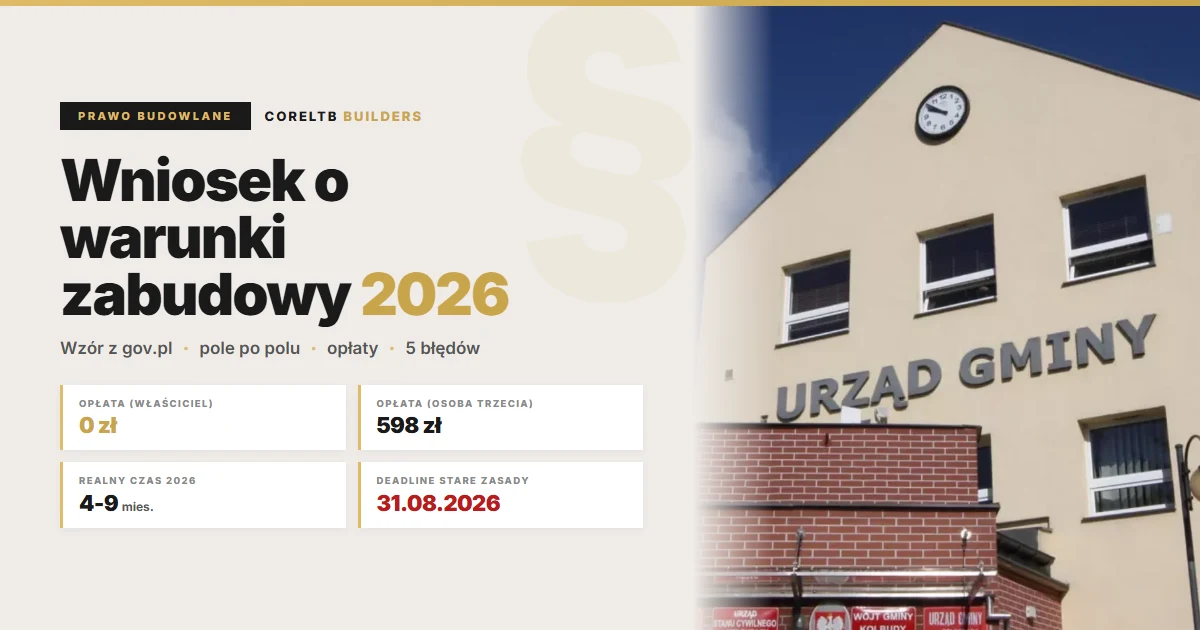 Wniosek o warunki zabudowy 2026 - jak wypełnić krok po kroku, aktualny wzór z gov.pl, opłaty, dokumenty, terminy. Przewodnik od generalnego wykonawcy CoreLTB Builders.