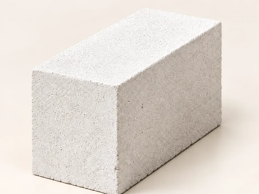 Bloczek z betonu komórkowego - jednolita, drobnoporowata struktura bez drążeń, jasna barwa. Najlżejszy materiał ścienny: 130-150 kg/m² przy grubości 24 cm, współczynnik lambda 0,10-0,12 W/(m·K).